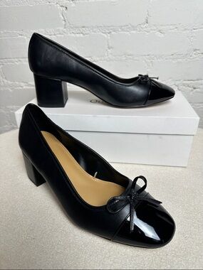 J Crew Cap Toe Black Ballet Block Heel Classic Pumps with Bow Accent 9